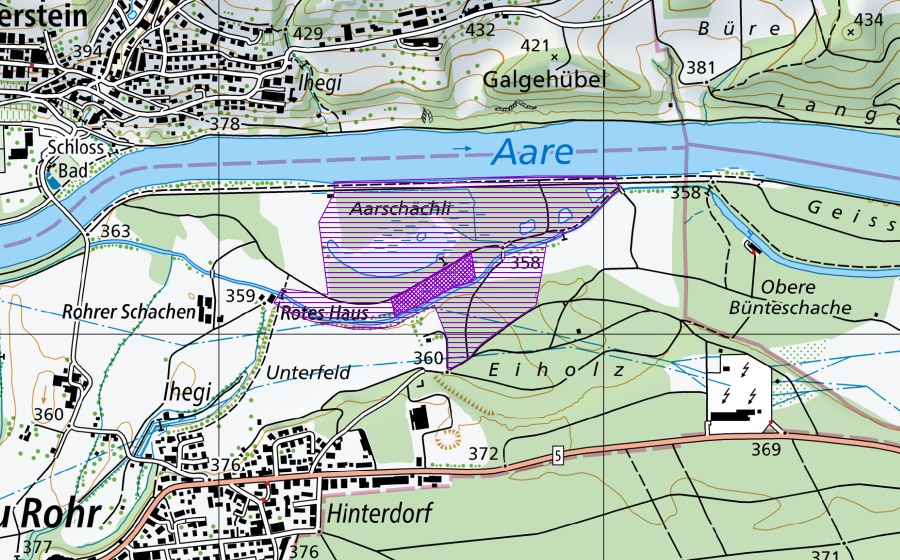 Carte nationale swisstopo avec le périmètre protégé de Aarschächli (Site de reproduction de batraciens)