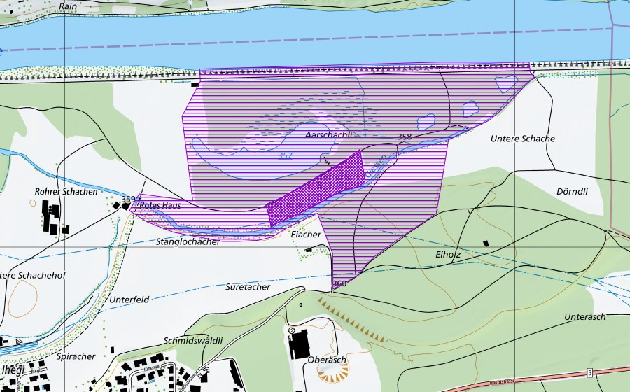 swisstopo national map showing the protected perimeter of Aarschächli (Amphibian spawning site)