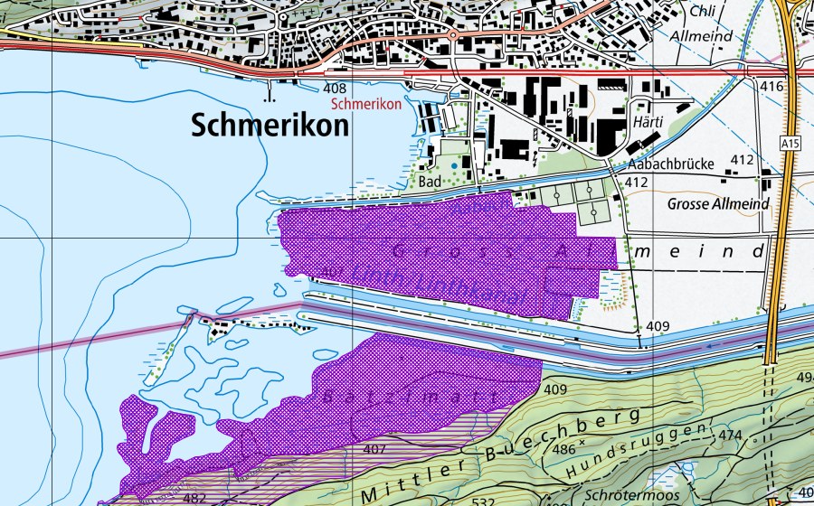 swisstopo national map showing the protected perimeter of Allmeind (Amphibian spawning site)