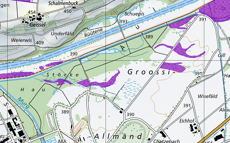 Carte nationale swisstopo avec le périmètre protégé de Allmend (Site de reproduction de batraciens)