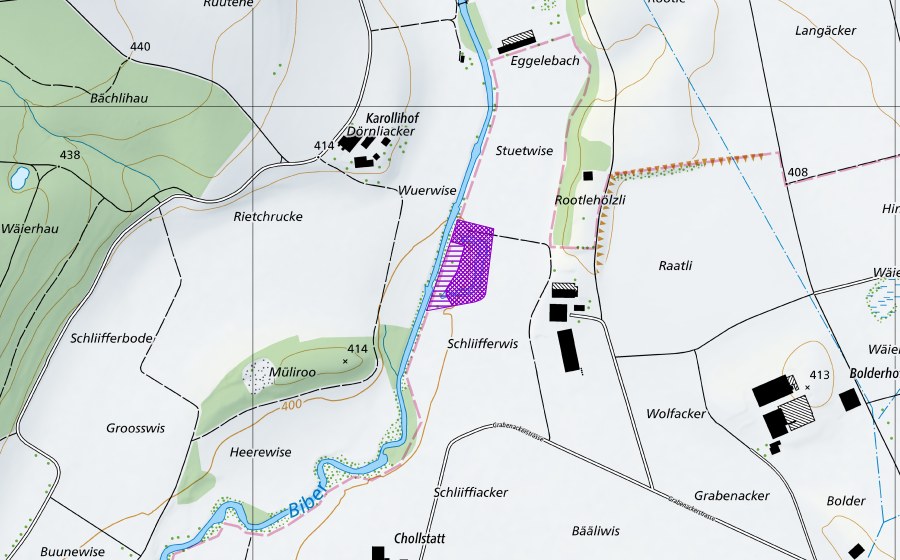 swisstopo national map showing the protected perimeter of Alte Biberschleife (Amphibian spawning site)