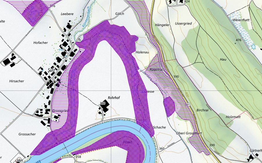 swisstopo national map showing the protected perimeter of Alte Reuss (Amphibian spawning site)