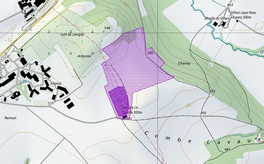 Carte nationale swisstopo avec le périmètre protégé de Arborex (Site de reproduction de batraciens)