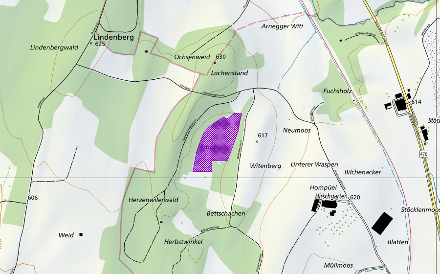 Carte nationale swisstopo avec le périmètre protégé de Arniger Witi (Site de reproduction de batraciens)