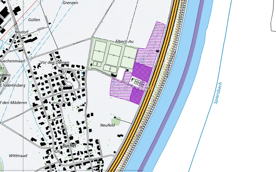 Carte nationale swisstopo avec le périmètre protégé de Au Büchel (Site de reproduction de batraciens)