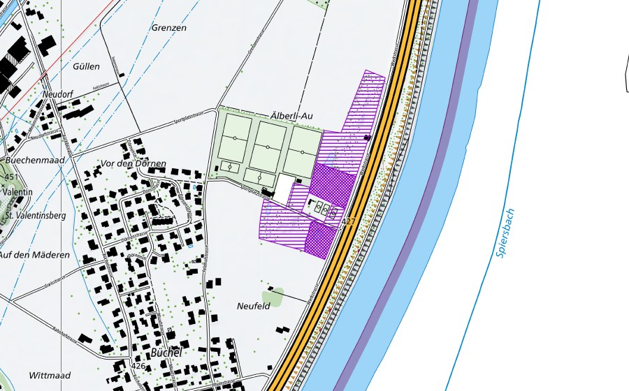 Landeskarte swisstopo mit dem Schutzperimeter von Au Büchel (Amphibienlaichgebiet)