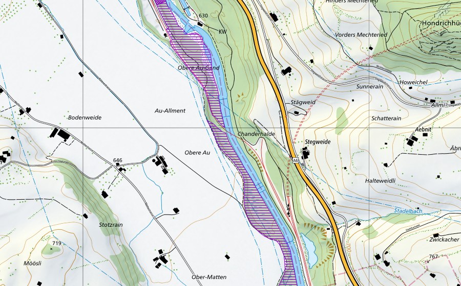 swisstopo national map showing the protected perimeter of Au-Gand Kander (Amphibian spawning site)