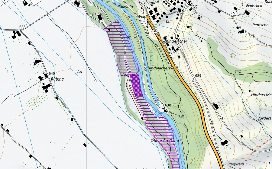 Landeskarte swisstopo mit dem Schutzperimeter von Au-Gand Kander (Amphibienlaichgebiet)