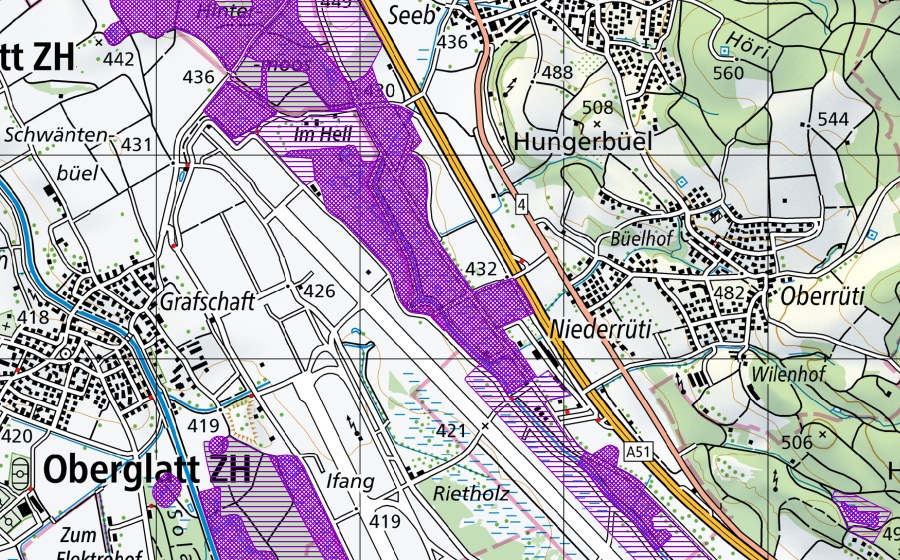 swisstopo national map showing the protected perimeter of Bachenbülacher Allmend/Waffenplatz (Amphibian spawning site)
