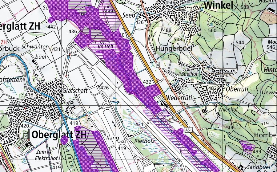 swisstopo national map showing the protected perimeter of Bachenbülacher Allmend/Waffenplatz (Amphibian spawning site)