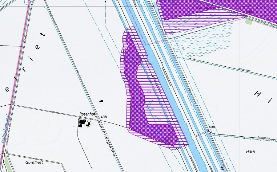Landeskarte swisstopo mit dem Schutzperimeter von Baggerseen im Staffelriet (Amphibienlaichgebiet)