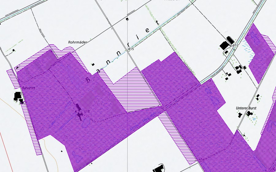 swisstopo national map showing the protected perimeter of Banriet/Burst (Amphibian spawning site)