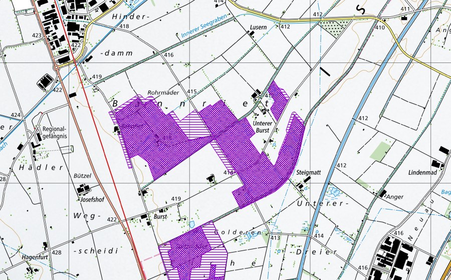 swisstopo national map showing the protected perimeter of Banriet/Burst (Amphibian spawning site)