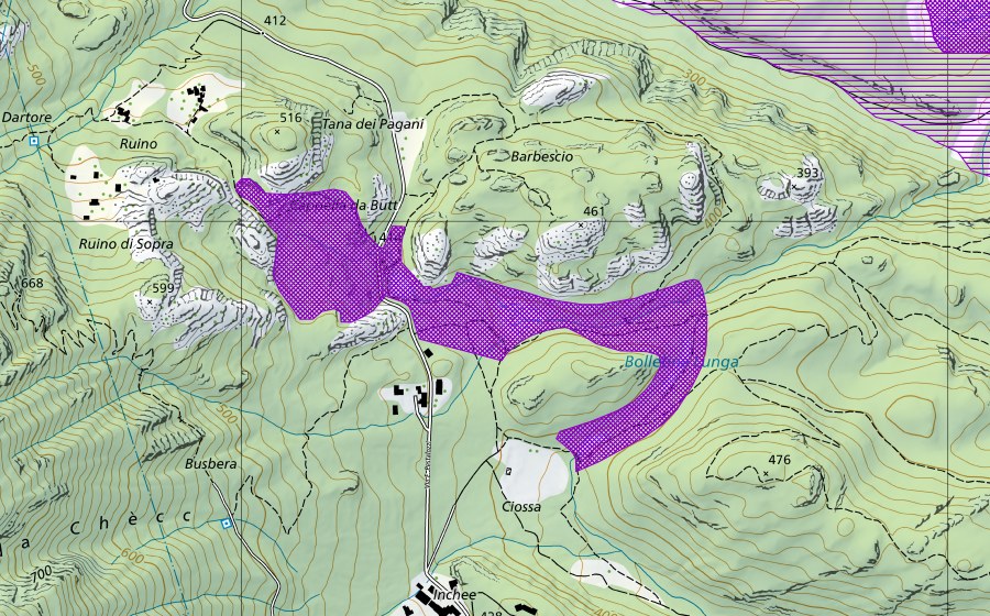 swisstopo national map showing the protected perimeter of Barbescio-Bolletina Lunga (Amphibian spawning site)