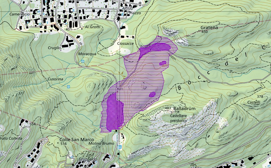 Carte nationale swisstopo avec le périmètre protégé de Belladrum (Site de reproduction de batraciens)