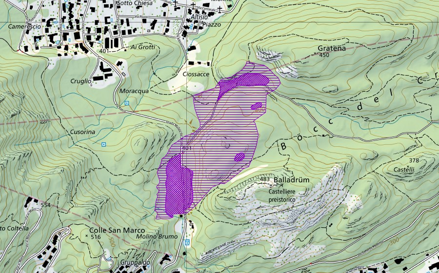 Carte nationale swisstopo avec le périmètre protégé de Belladrum (Site de reproduction de batraciens)