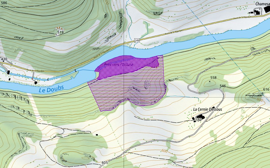Carte nationale swisstopo avec le périmètre protégé de Bellefontaine (Site de reproduction de batraciens)