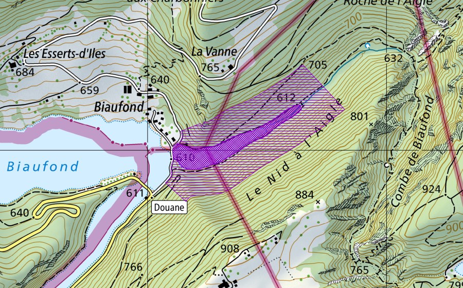 Carte nationale swisstopo avec le périmètre protégé de Biaufond (Site de reproduction de batraciens)