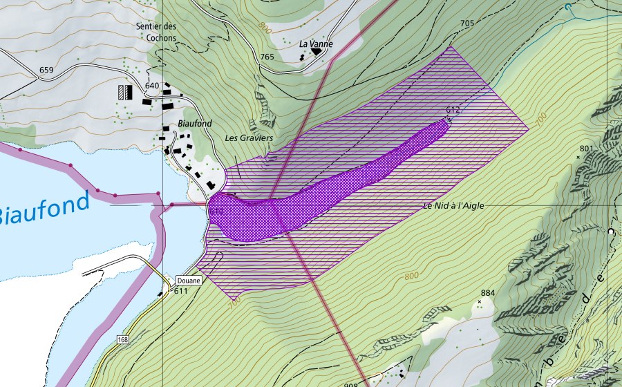 swisstopo national map showing the protected perimeter of Biaufond (Amphibian spawning site)