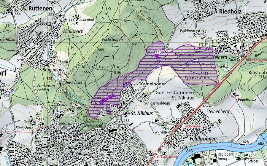 swisstopo national map showing the protected perimeter of Biedermannsgrube (Amphibian spawning site)