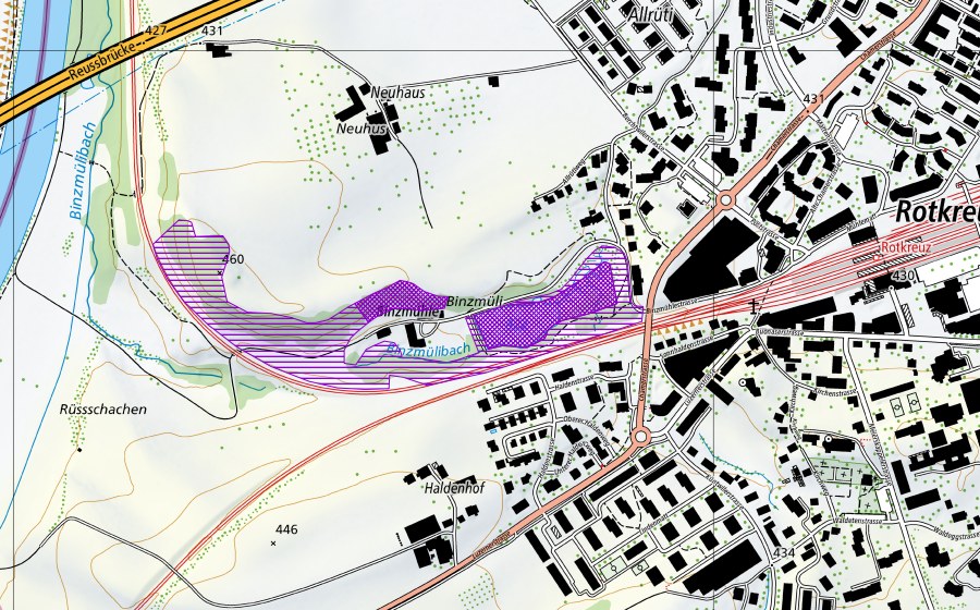Landeskarte swisstopo mit dem Schutzperimeter von Binzmüli (Amphibienlaichgebiet)