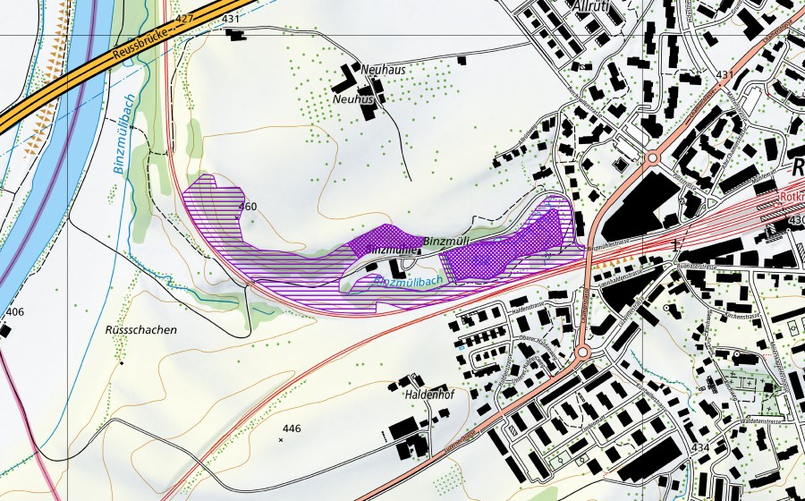 swisstopo national map showing the protected perimeter of Binzmüli (Amphibian spawning site)