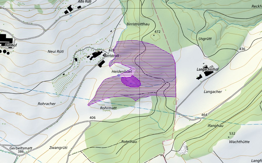 swisstopo national map showing the protected perimeter of Birristrott (Amphibian spawning site)