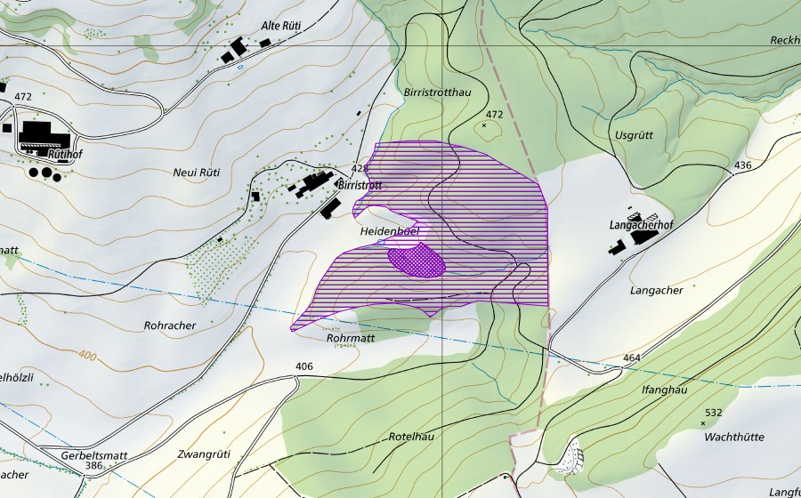 swisstopo national map showing the protected perimeter of Birristrott (Amphibian spawning site)