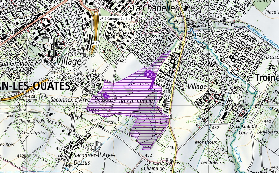 swisstopo national map showing the protected perimeter of Bistoquette et Paradis (Amphibian spawning site)