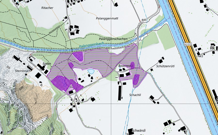 Carte nationale swisstopo avec le périmètre protégé de Bodenwald (Site de reproduction de batraciens)