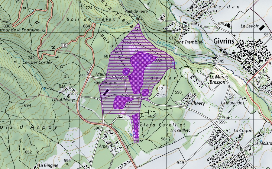 swisstopo national map showing the protected perimeter of Bois de Ban (Amphibian spawning site)