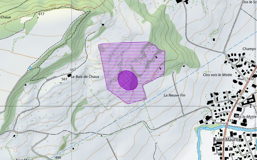 Carte nationale swisstopo avec le périmètre protégé de Bois de Chaux (Site de reproduction de batraciens)