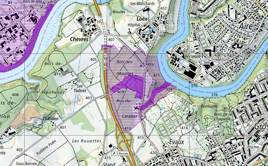 swisstopo national map showing the protected perimeter of Bois des Mouilles (Amphibian spawning site)