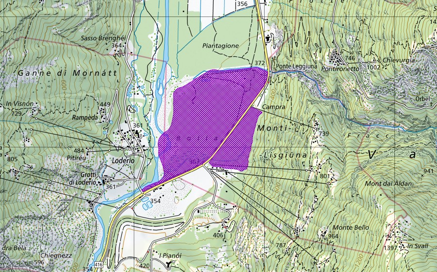 Landeskarte swisstopo mit dem Schutzperimeter von Bolla di Loderio (Amphibienlaichgebiet)