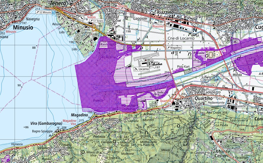 Landeskarte swisstopo mit dem Schutzperimeter von Bolle di Magadino (Amphibienlaichgebiet)