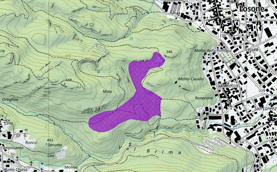Landeskarte swisstopo mit dem Schutzperimeter von Bolle di Mondrigo (Amphibienlaichgebiet)