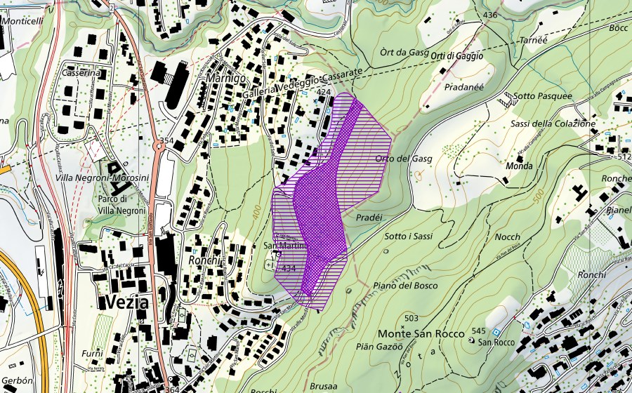 Landeskarte swisstopo mit dem Schutzperimeter von Bolle di S. Martino (Amphibienlaichgebiet)