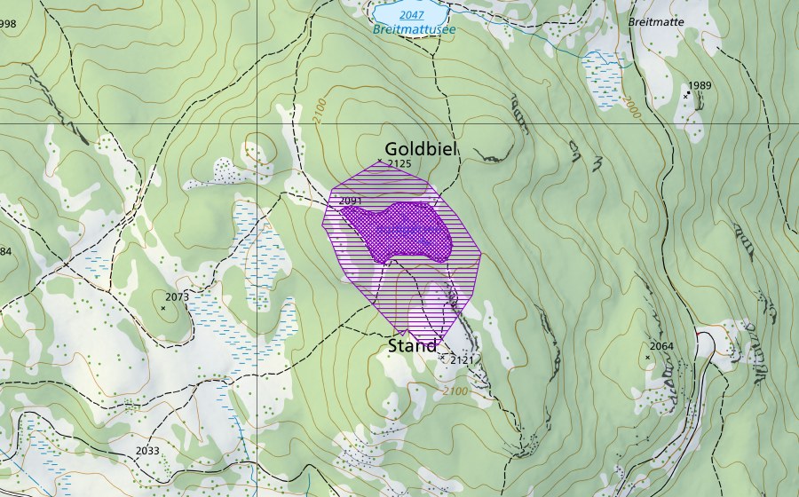 swisstopo national map showing the protected perimeter of Bonigersee (Amphibian spawning site)