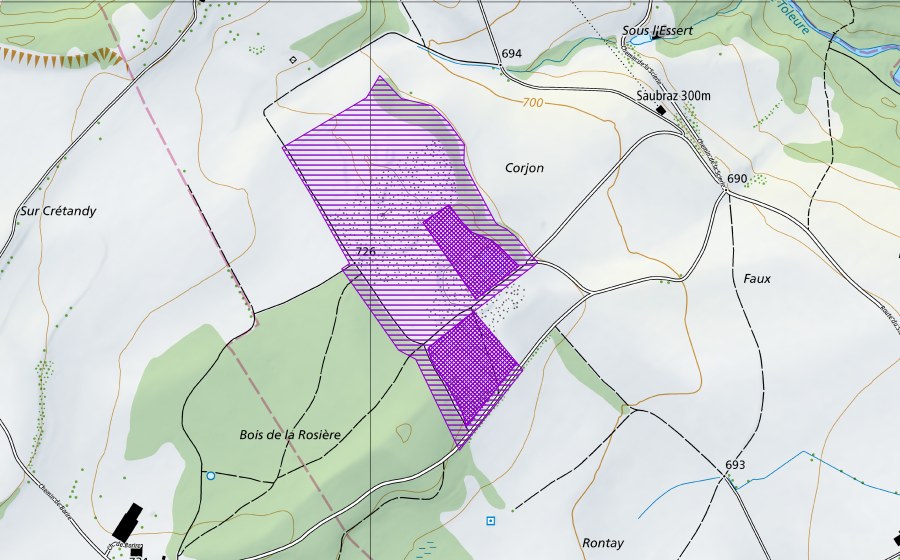 Carte nationale swisstopo avec le périmètre protégé de Borire, Corjon (Site de reproduction de batraciens)