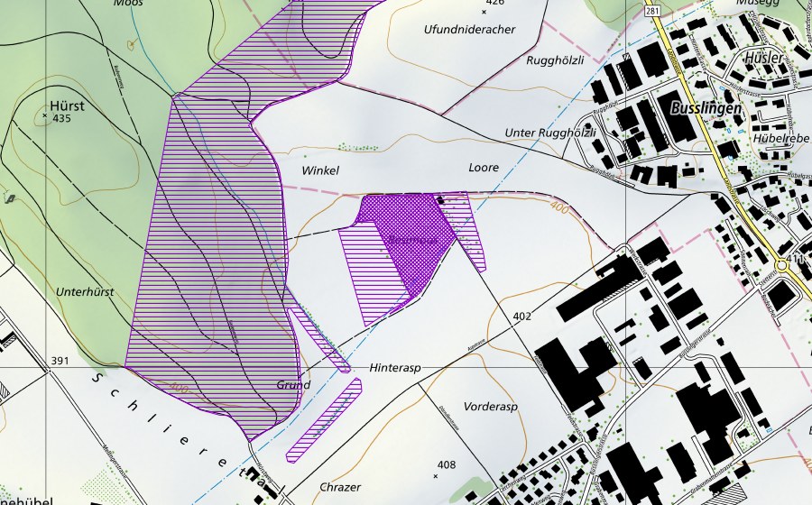 Landeskarte swisstopo mit dem Schutzperimeter von Bösimoos (Amphibienlaichgebiet)
