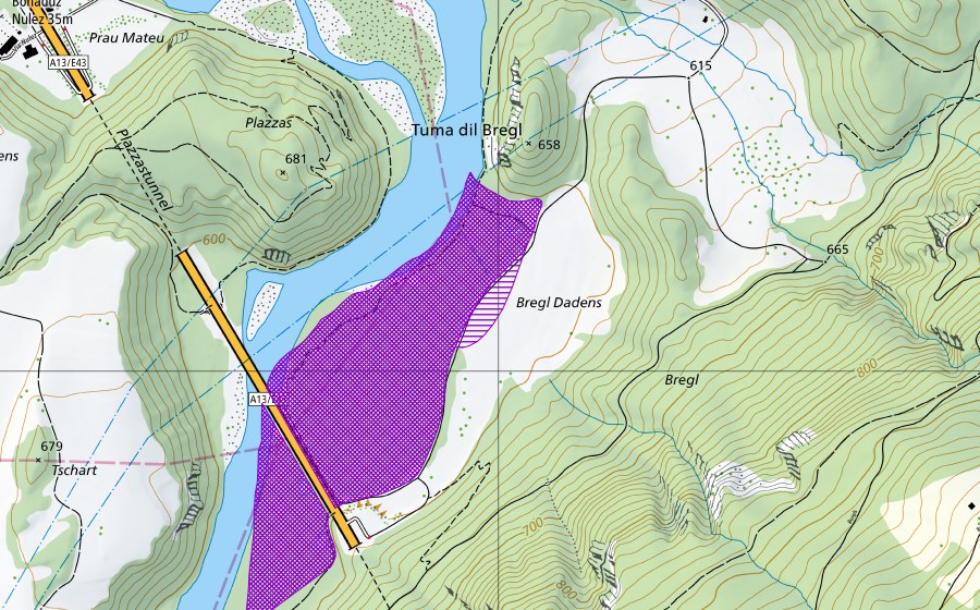 Landeskarte swisstopo mit dem Schutzperimeter von Bregl (Amphibienlaichgebiet)