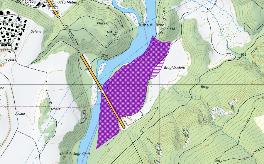 swisstopo national map showing the protected perimeter of Bregl (Amphibian spawning site)