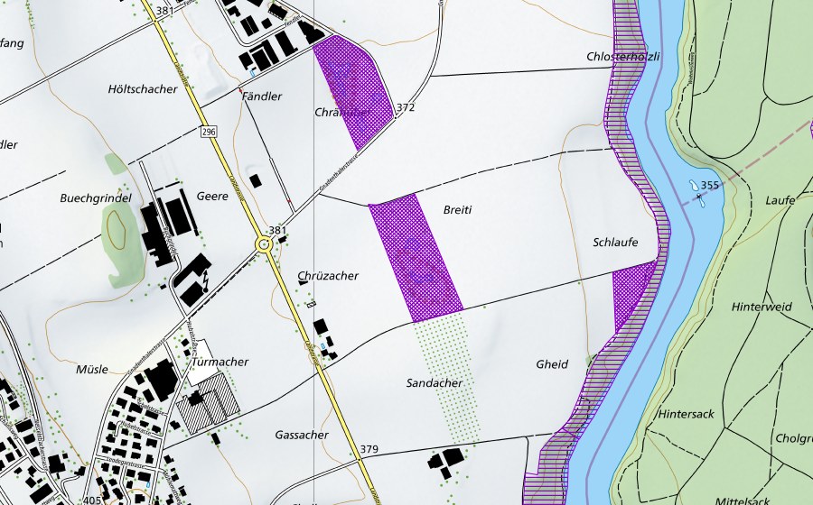 swisstopo national map showing the protected perimeter of Breiti (Amphibian spawning site)