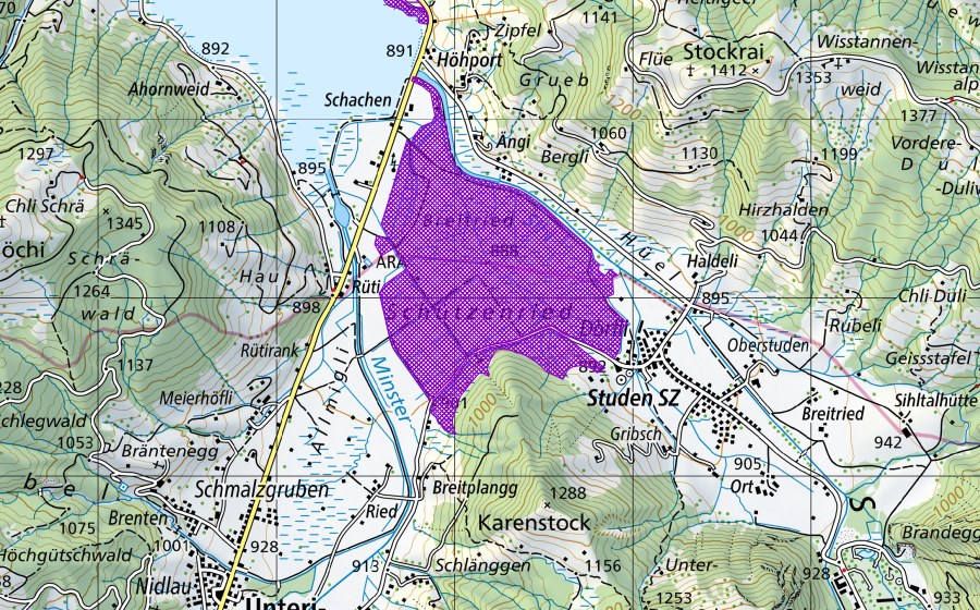 swisstopo national map showing the protected perimeter of Breitried/Schützenried (Amphibian spawning site)