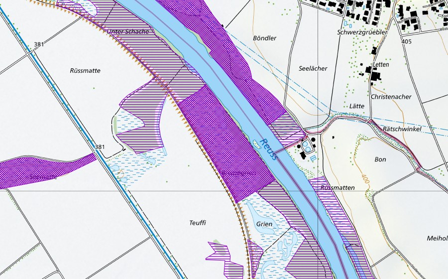 swisstopo national map showing the protected perimeter of Bremengrien (Amphibian spawning site)