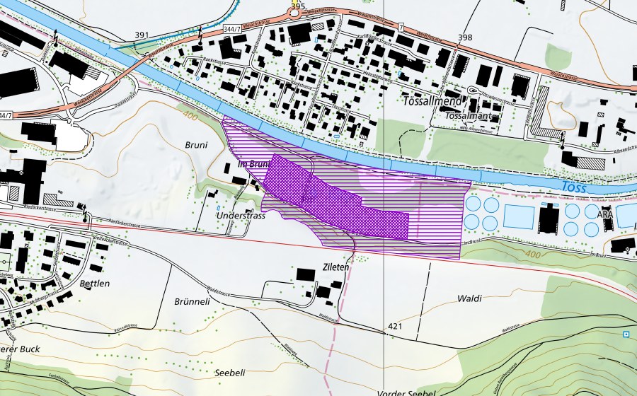 swisstopo national map showing the protected perimeter of Bruni (Amphibian spawning site)