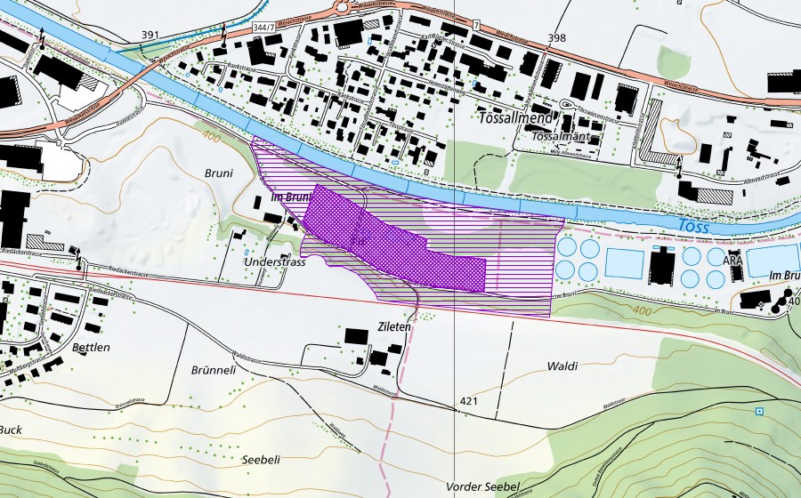 Carte nationale swisstopo avec le périmètre protégé de Bruni (Site de reproduction de batraciens)