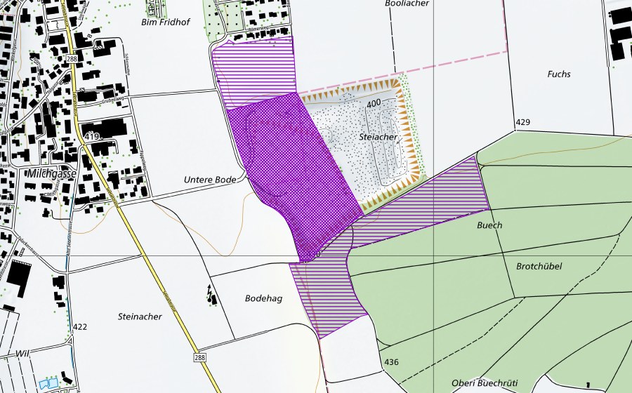 swisstopo national map showing the protected perimeter of Buech/Steiacher (Amphibian spawning site)