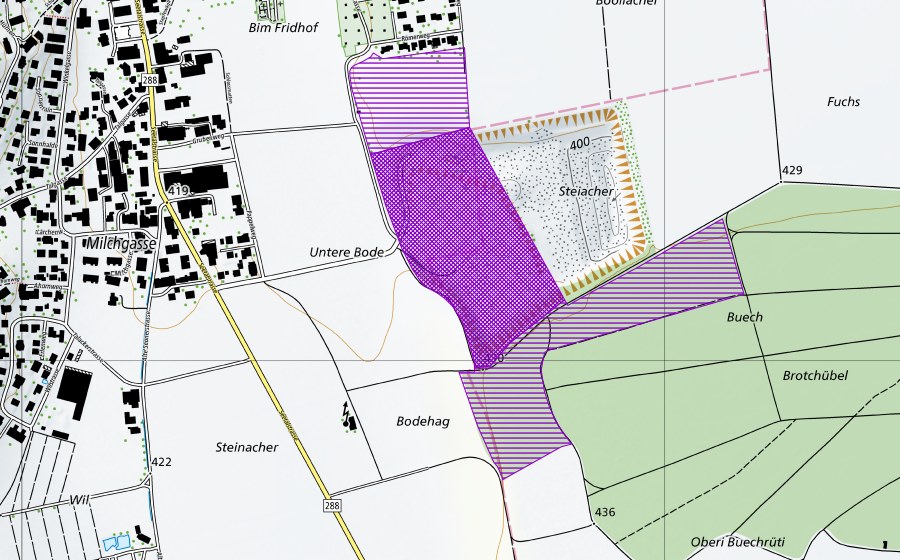 Landeskarte swisstopo mit dem Schutzperimeter von Buech/Steiacher (Amphibienlaichgebiet)