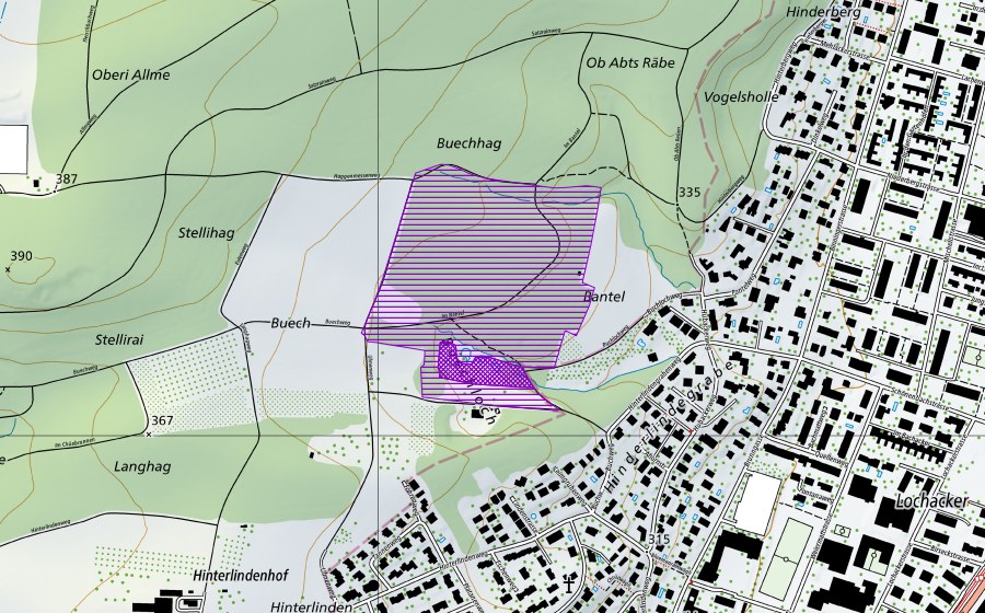 Carte nationale swisstopo avec le périmètre protégé de Buechloch (Site de reproduction de batraciens)